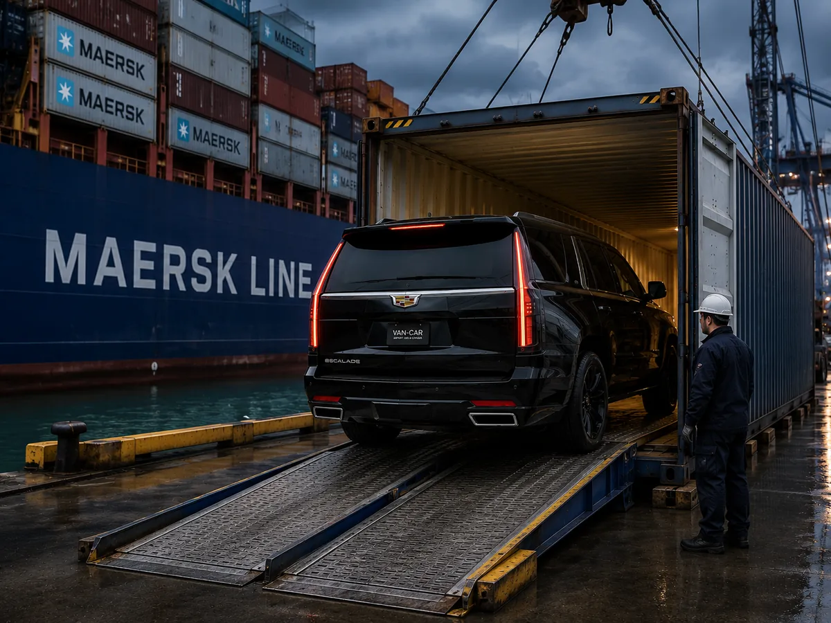 Załadunek pojazdu do kontenera przy burcie statku MAERSK LINE — VAN-CAR Import