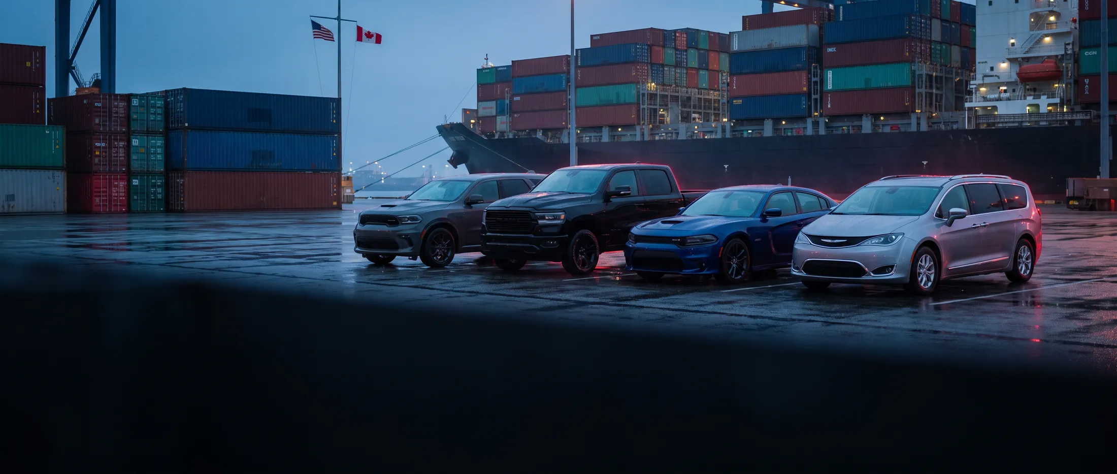 Flota aut VAN-CAR przy porcie — modele importowane z USA i Kanady