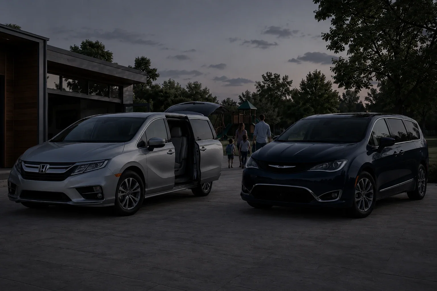 Minivany rodzinne z USA — Honda Odyssey i Chrysler Pacifica przed domem o zmierzchu