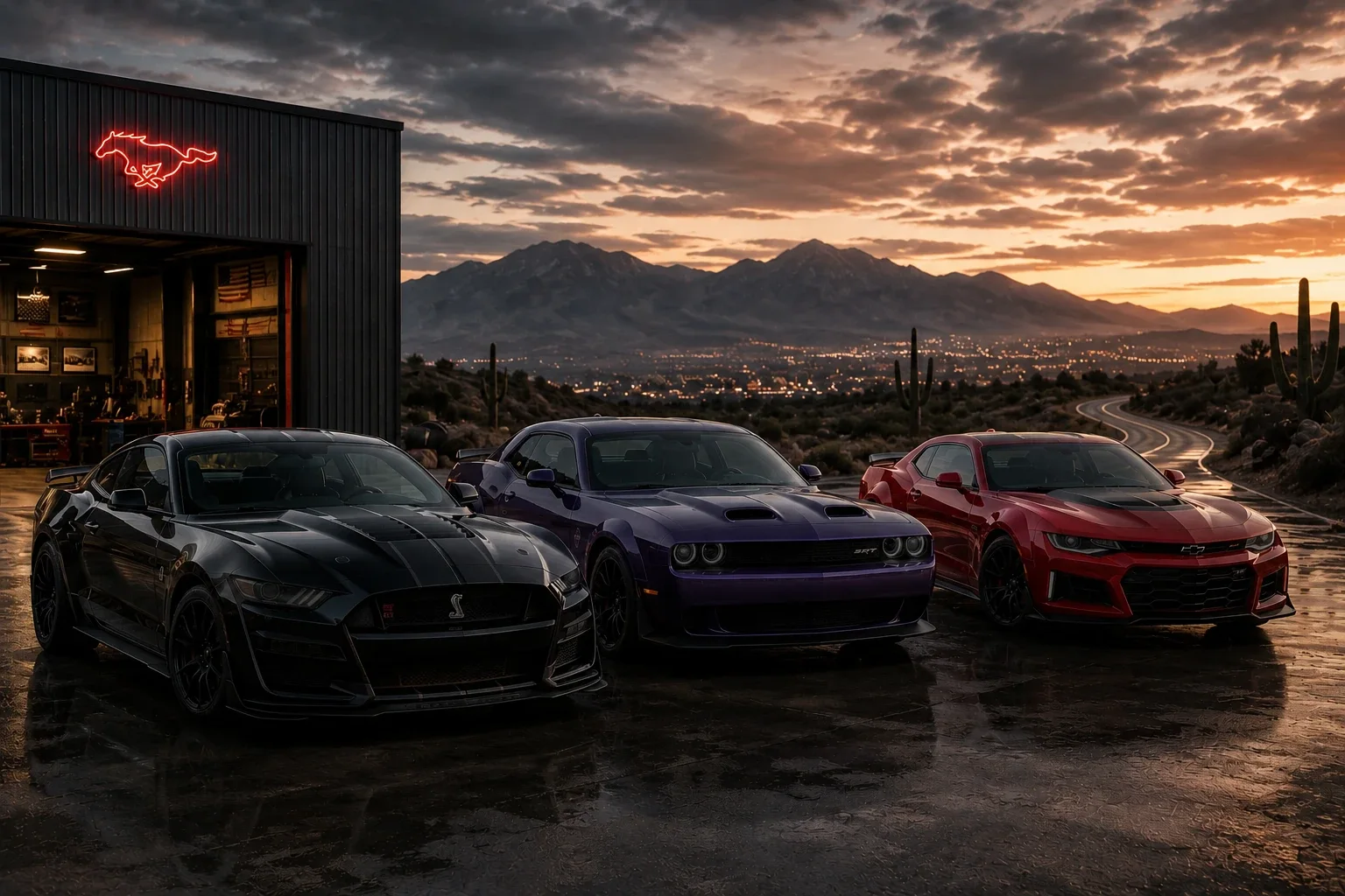 Dźwięk, osiągi i amerykański charakter z USA — Ford Mustang Shelby, Dodge Challenger i Chevrolet Camaro o zmierzchu