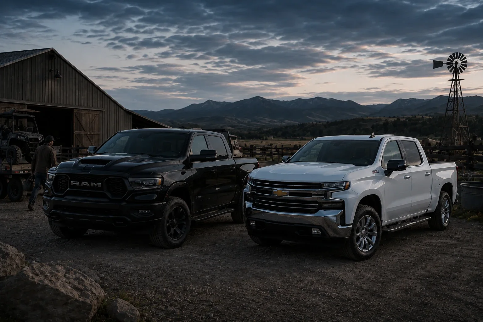 Duża rama, mocny napęd i użytkowy charakter z USA — RAM 1500 i Chevrolet Silverado na farmie o zmierzchu