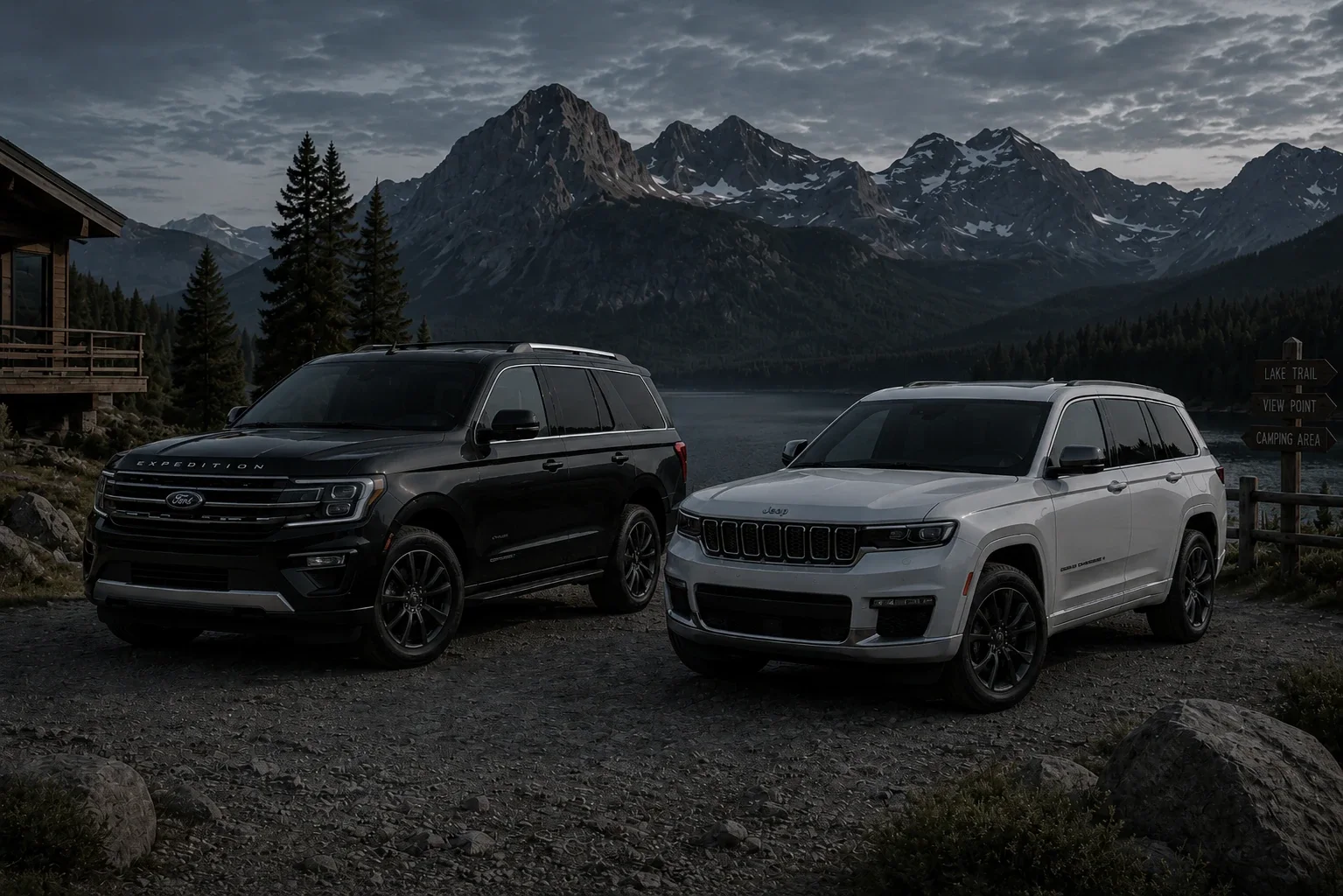 Rodzinne SUV-y, AWD i trzy rzędy siedzeń z USA — Ford Expedition i Jeep Grand Cherokee w górach o zmierzchu