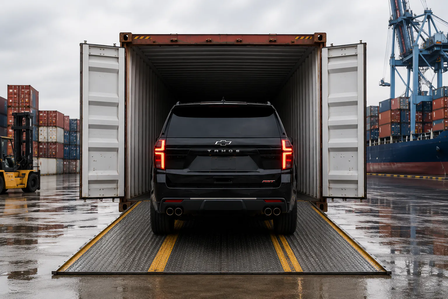 Auto wjeżdża do kontenera — port w USA