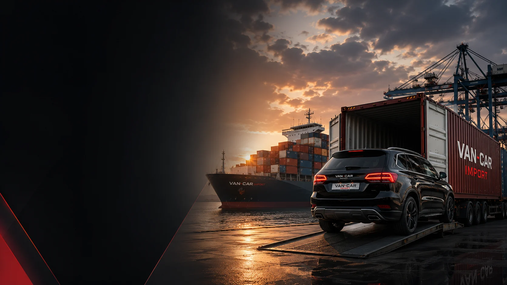 Auto VAN-CAR przy kontenerze w porcie importowym