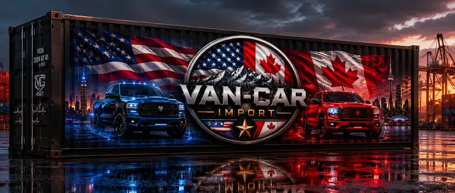 Kontener VAN-CAR Import z flagami USA i Kanady